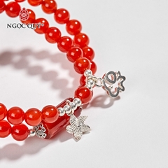 Vòng tay phong thủy 2 line đá mã não đỏ charm bạc hạt 6mm