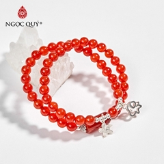 Vòng tay phong thủy 2 line đá mã não đỏ charm bạc hạt 6mm