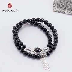 Vòng tay phong thủy 2 line đá obsidian phối charm bạc