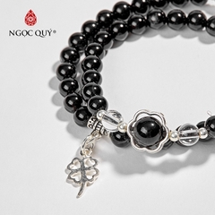Vòng tay phong thủy 2 line đá obsidian phối charm bạc