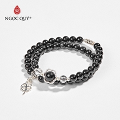 Vòng tay phong thủy 2 line đá obsidian phối charm bạc