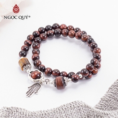 Vòng tay phong thủy 2 line đá mắt hổ nâu đỏ phối charm bạc hạt 6mm