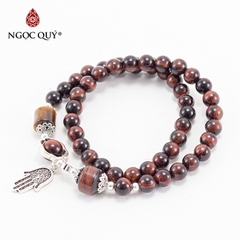 Vòng tay phong thủy 2 line đá mắt hổ nâu đỏ phối charm bạc hạt 6mm