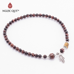 Vòng tay phong thủy 2 line đá mắt hổ nâu đỏ phối charm bạc hạt 6mm