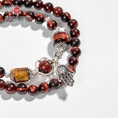 Vòng tay phong thủy 2 line đá mắt hổ nâu đỏ phối charm bạc hạt 6mm