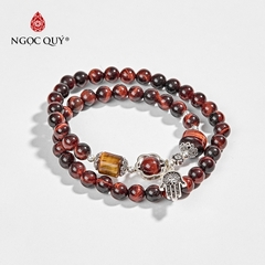 Vòng tay phong thủy 2 line đá mắt hổ nâu đỏ phối charm bạc hạt 6mm