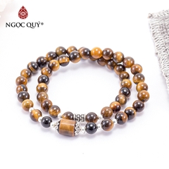Vòng tay phong thủy 2 line đá mắt hổ vàng nâu phối phối charm bạc hạt 6mm