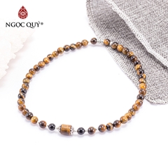 Vòng tay phong thủy 2 line đá mắt hổ vàng nâu phối phối charm bạc hạt 6mm
