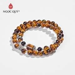 Vòng tay phong thủy 2 line đá mắt hổ vàng nâu phối phối charm bạc hạt 6mm