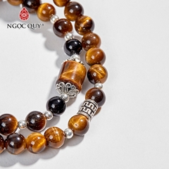 Vòng tay phong thủy 2 line đá mắt hổ vàng nâu phối phối charm bạc hạt 6mm