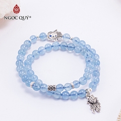 Vòng tay phong thủy 2 line đá aquamarine charm cá bạc hạt 6mm mệnh thủy, mộc