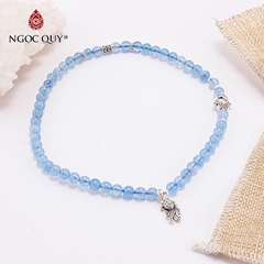 Vòng tay phong thủy 2 line đá aquamarine charm cá bạc hạt 6mm mệnh thủy, mộc