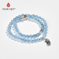 Vòng tay phong thủy 2 line đá aquamarine charm cá bạc hạt 6mm mệnh thủy, mộc