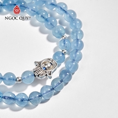 Vòng tay phong thủy 2 line đá aquamarine charm cá bạc hạt 6mm mệnh thủy, mộc