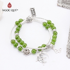 Vòng tay phong thủy 2 line đá ngọc bích phối charm hoa sen bạc hạt 6mm