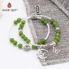 Vòng tay phong thủy 2 line đá ngọc bích phối charm hoa sen bạc hạt 6mm
