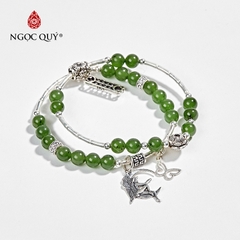 Vòng tay phong thủy 2 line đá ngọc bích phối charm hoa sen bạc hạt 6mm