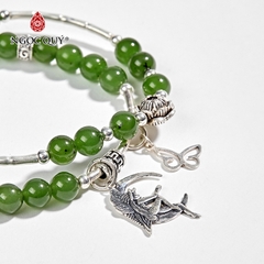 Vòng tay phong thủy 2 line đá ngọc bích phối charm hoa sen bạc hạt 6mm