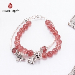 Vòng tay phong thủy 2 line đá thạch anh dâu phối charm ong bạc hạt 6mm hợp mệnh hỏa, thổ