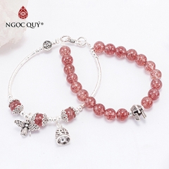 Vòng tay phong thủy 2 line đá thạch anh dâu phối charm ong bạc hạt 6mm hợp mệnh hỏa, thổ