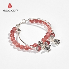 Vòng tay phong thủy 2 line đá thạch anh dâu phối charm ong bạc hạt 6mm hợp mệnh hỏa, thổ