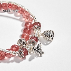Vòng tay phong thủy 2 line đá thạch anh dâu phối charm ong bạc hạt 6mm hợp mệnh hỏa, thổ