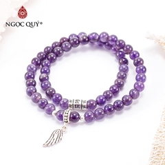 Vòng tay phong thủy 2 line đá thạch anh tím phối charm bạc hạt 6mm
