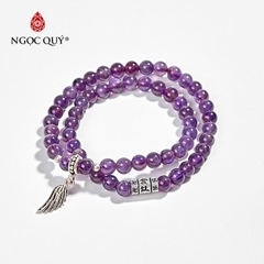 Vòng tay phong thủy 2 line đá thạch anh tím phối charm bạc hạt 6mm