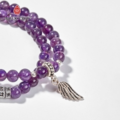 Vòng tay phong thủy 2 line đá thạch anh tím phối charm bạc hạt 6mm