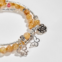 Vòng tay phong thủy đá thạch anh tóc vàng phối charm hoa bạc hạt 6mm