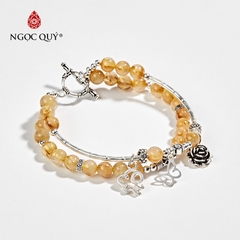 Vòng tay phong thủy đá thạch anh tóc vàng phối charm hoa bạc hạt 6mm