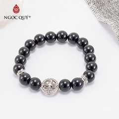 Vòng tay phong thủy đá obsidian phối charm bạc hạt 10mm