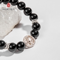 Vòng tay phong thủy đá obsidian phối charm bạc hạt 10mm