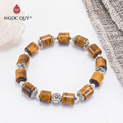 Vòng tay phong thủy đá mắt hổ vàng nâu phối viên trụ phối charm bạc hạt 8mm