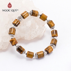 Vòng tay phong thủy đá mắt hổ vàng nâu phối viên trụ phối charm bạc hạt 8mm
