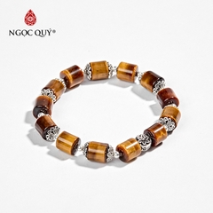 Vòng tay phong thủy đá mắt hổ vàng nâu phối viên trụ phối charm bạc hạt 8mm