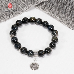 Vòng tay phong thủy đá mắt hổ xanh đen phối charm hoa sen bạc hạt 10mm