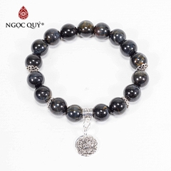 Vòng tay phong thủy đá mắt hổ xanh đen phối charm hoa sen bạc hạt 10mm