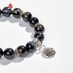 Vòng tay phong thủy đá mắt hổ xanh đen phối charm hoa sen bạc hạt 10mm