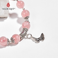 Vòng tay phong thủy đá thạch anh hồng AAA phối charm chuông bạc hạt 8mm
