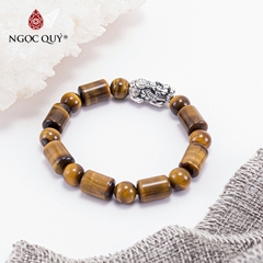 Vòng tay phong thủy đá mắt hổ vàng nâu hình trụ phối charm bạc hạt 8mm