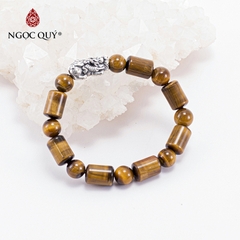 Vòng tay phong thủy đá mắt hổ vàng nâu hình trụ phối charm bạc hạt 8mm