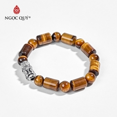 Vòng tay phong thủy đá mắt hổ vàng nâu hình trụ phối charm bạc hạt 8mm