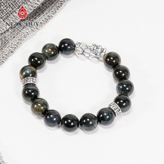 Vòng tay phong thủy đá mắt hổ xanh đen phối tỳ hưu bạc hạt 12mm