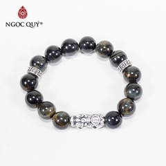 Vòng tay phong thủy đá mắt hổ xanh đen phối tỳ hưu bạc hạt 12mm