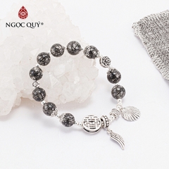 Vòng tay phong thủy đá thạch anh tóc đen AAA phối charm cánh bạc hạt 8mm