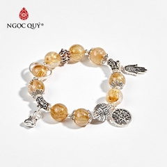 Vòng tay phong thủy đá thạch anh tóc vàng phối charm túi tiền bạc hạt 11mm