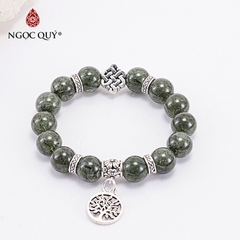 Vòng tay phong thủy đá thạch anh tóc xanh phối charm cây bạc hạt 10mm