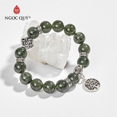 Vòng tay phong thủy đá thạch anh tóc xanh phối charm cây bạc hạt 10mm