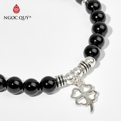 Vòng tay phong thủy đá obsidian phối charm cỏ 4 lá hạt 6mm